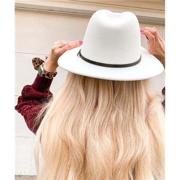 Lanzom Womens Classic Wide Brim Floppy Panama Hat Belt Buckle Wool Fedora Hat main image 5